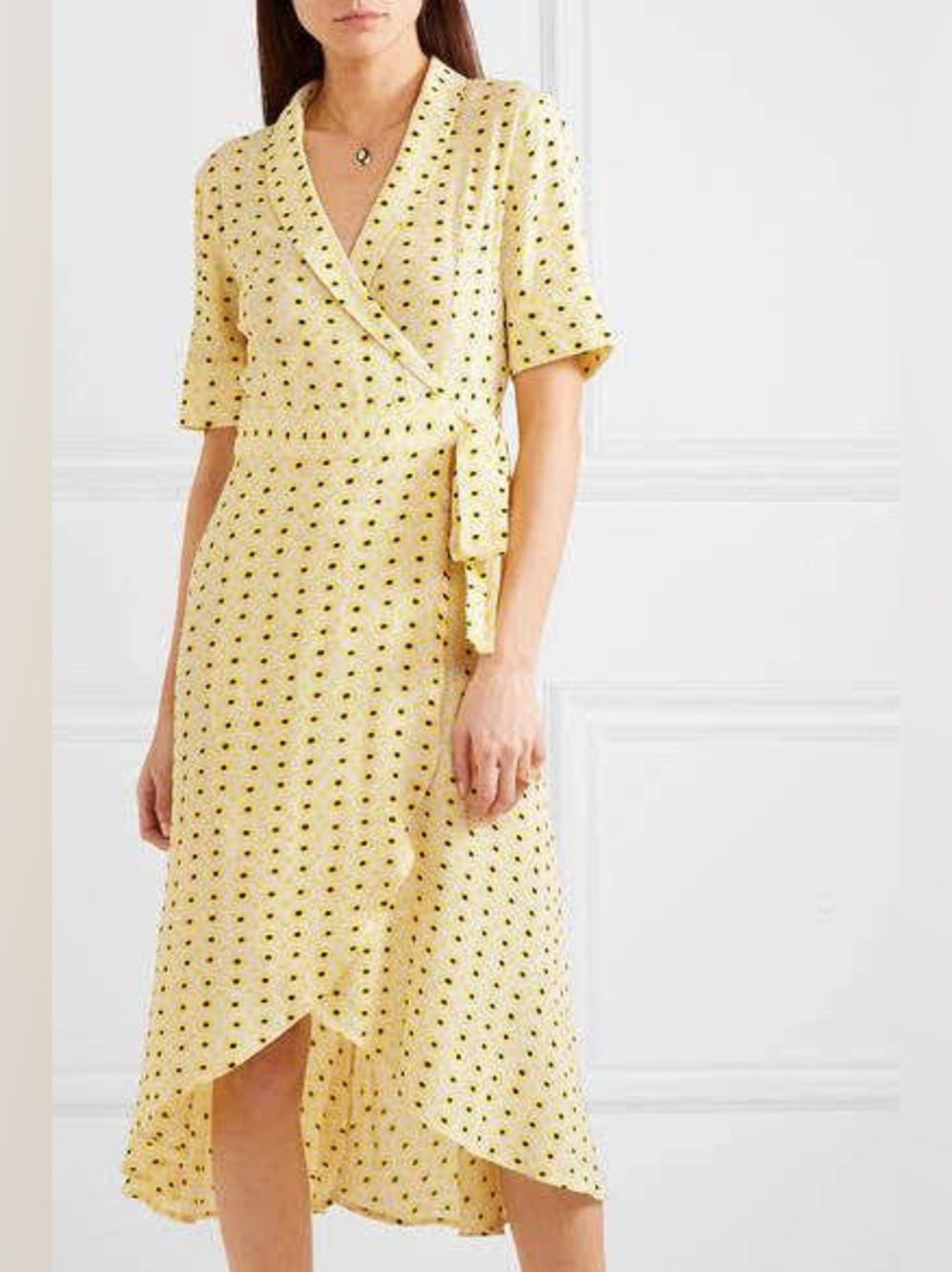 NWT GANNI Floral Sunflower Print Crepe V-Neck Wrap Midi Dress Sz 36 US S
